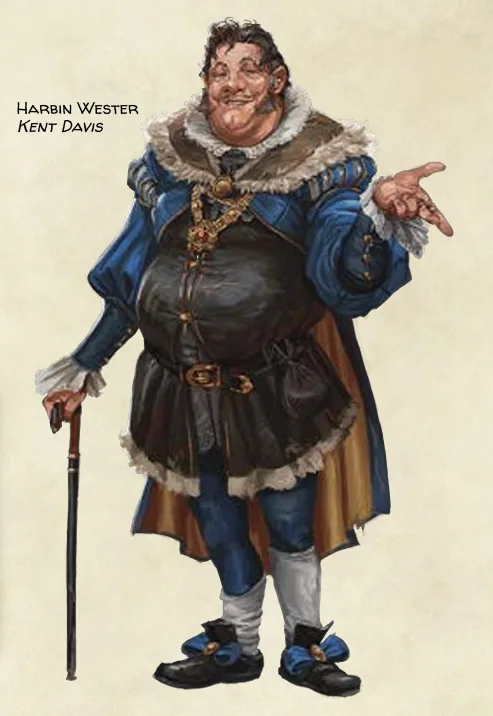 A full-body illustration of a rotund, smiling man in ornate 17th-century noble attire, including a blue doublet, fur-trimmed…
