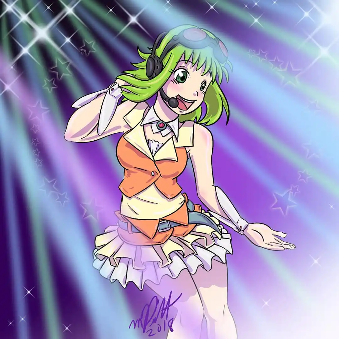 An anime-style illustration of a cheerful green-haired girl wearing a headset and microphone, posing with one hand on her…