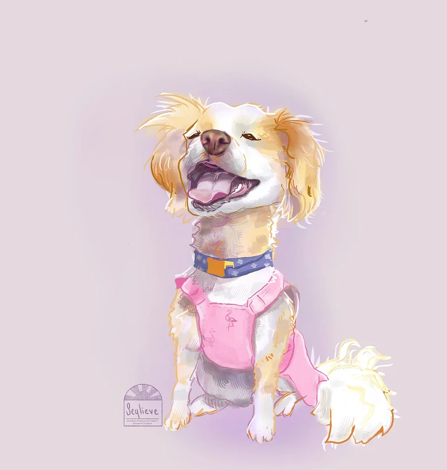 A digitally illustrated fluffy dog with light brown and white fur sits upright, wearing a pink sleeveless dress with…