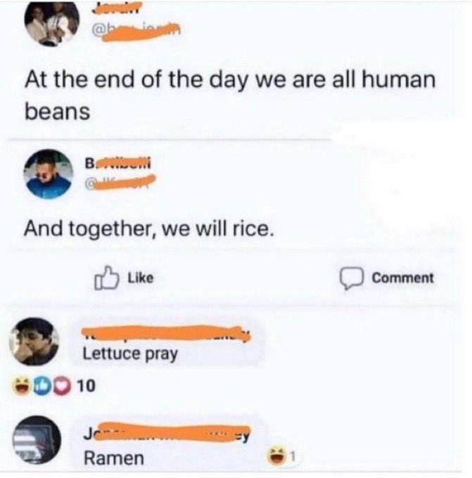 A screenshot of a social media comment thread where the first comment says 'At the end of the day we are all human beans,'…