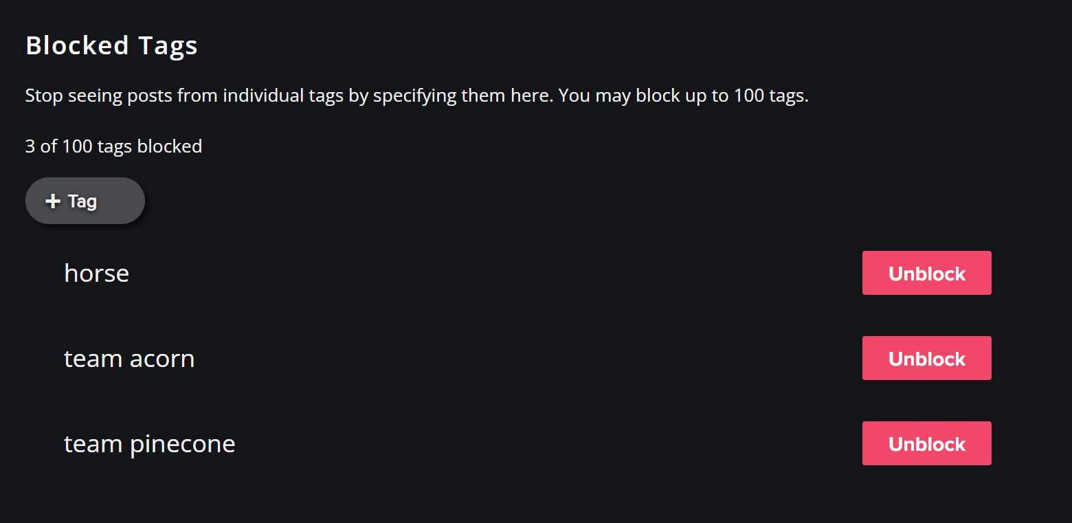 A screenshot of a 'Blocked Tags' settings page showing three blocked tags: 'horse', 'team acorn', and 'team pinecone', each…