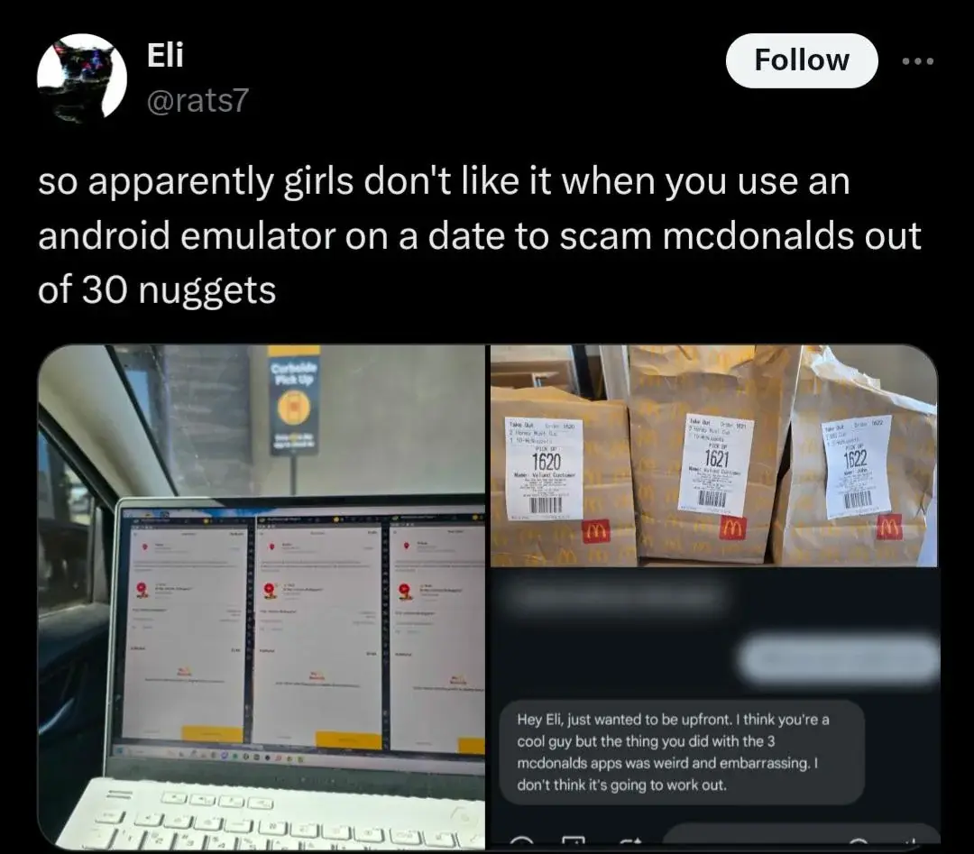 A split-screen image shows a laptop displaying three open McDonald's app order screens, next to three McDonald's paper bags…