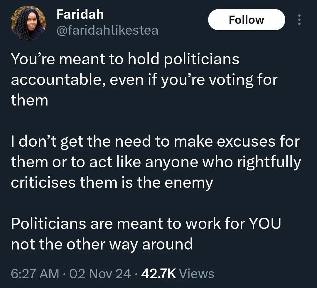 A screenshot of a tweet by user Faridah (@faridahlikestea) with a dark background and white text. The tweet contains three…