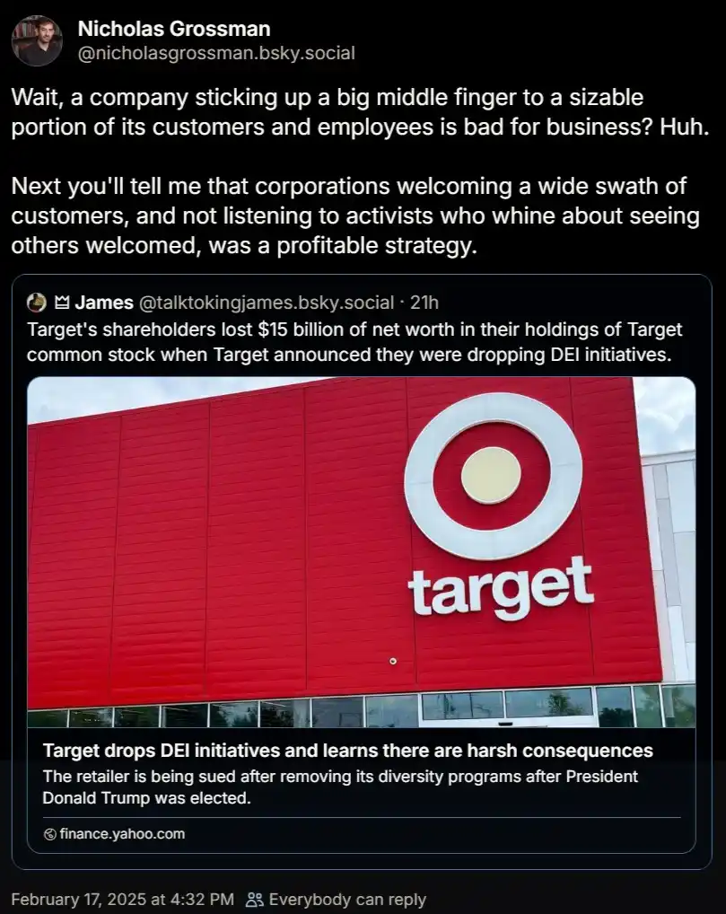 A screenshot of a social media post showing a photo of a red Target store with its logo. Overlaid text reads 'Target drops…
