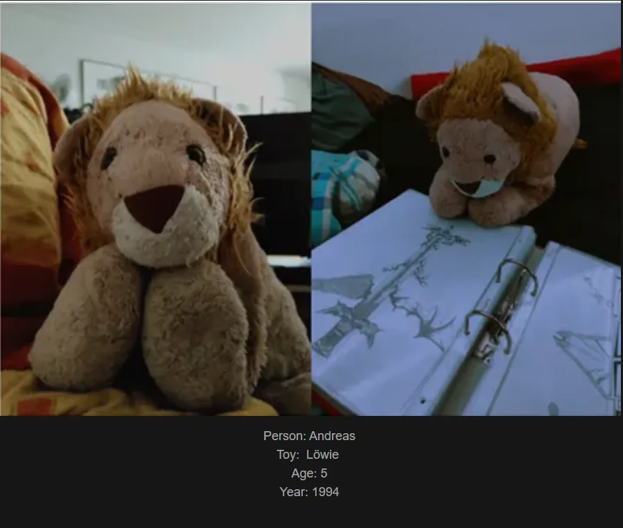 A split image shows a worn brown plush lion toy, labeled 'Löwie', in two scenes: one sitting upright on a couch, and another…