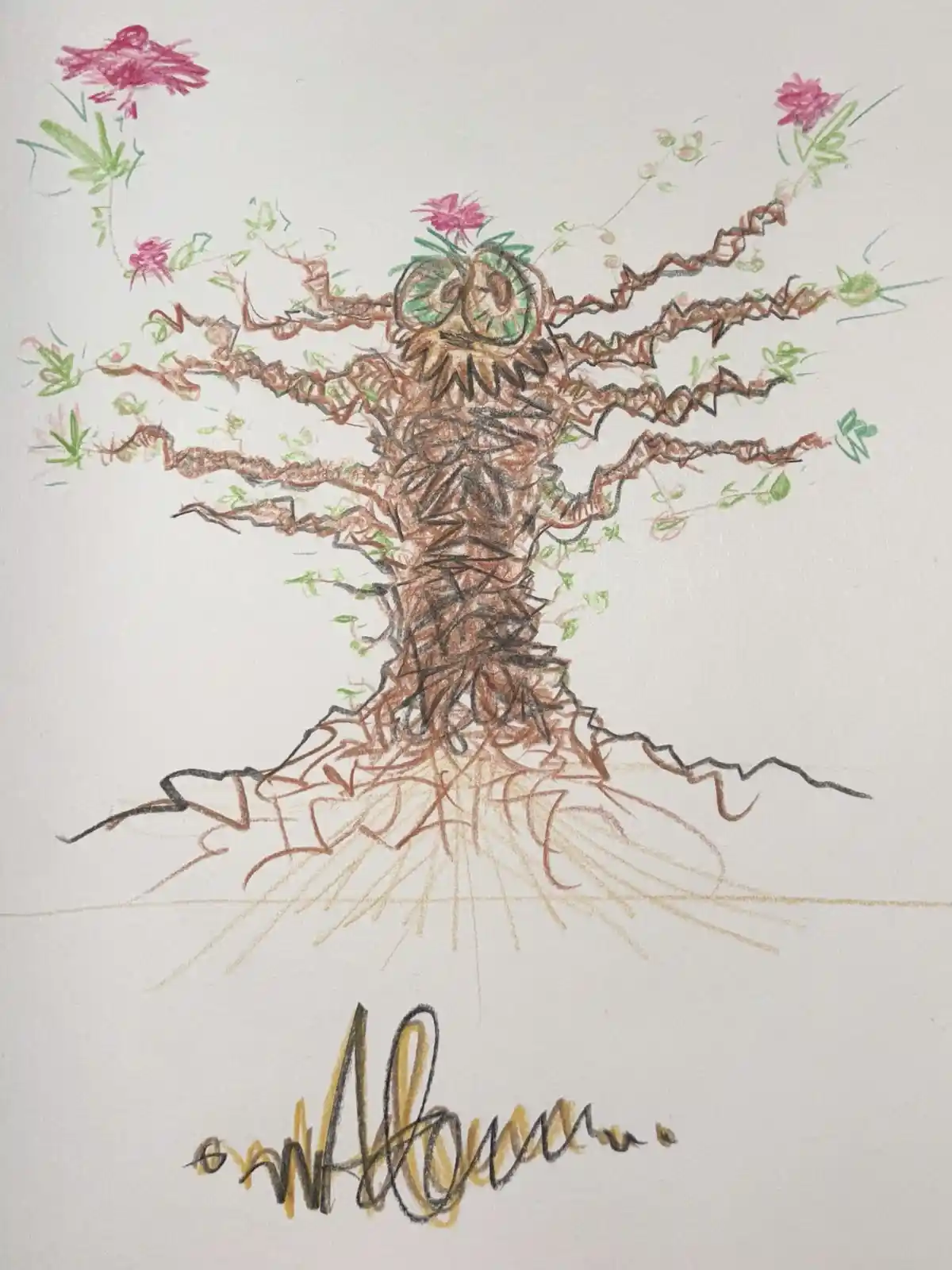 A childlike crayon drawing depicts a tree with a face, featuring large green-rimmed eyes and a spiky brown trunk, with…