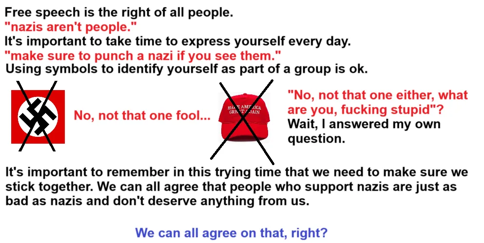 A meme image with a list of absurdly contradictory statements about free speech and nazis, overlaid on a white background…
