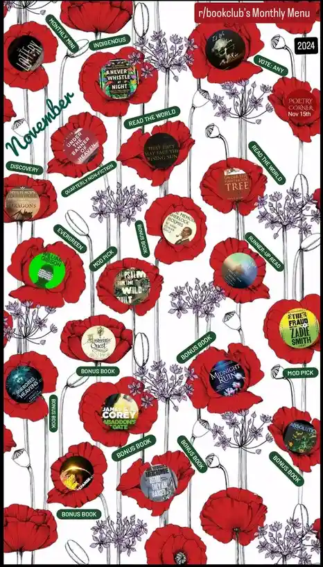 An image of red poppies and purple flowers with book covers placed inside the poppies. Text labels identify categories like…