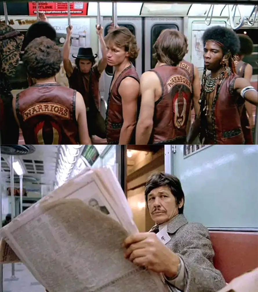 The top panel shows several muscular men wearing brown leather vests with 'WARRIORS' embroidered on the back, standing on a…