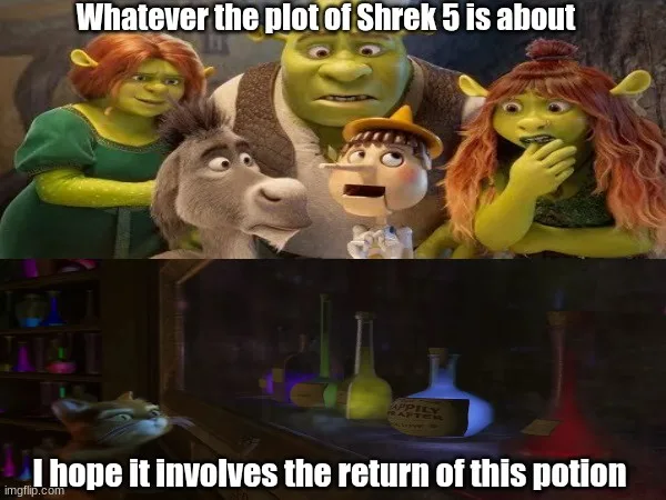 The top panel shows Shrek, Fiona, Donkey, and a small child character looking expectantly at the viewer. The bottom panel…