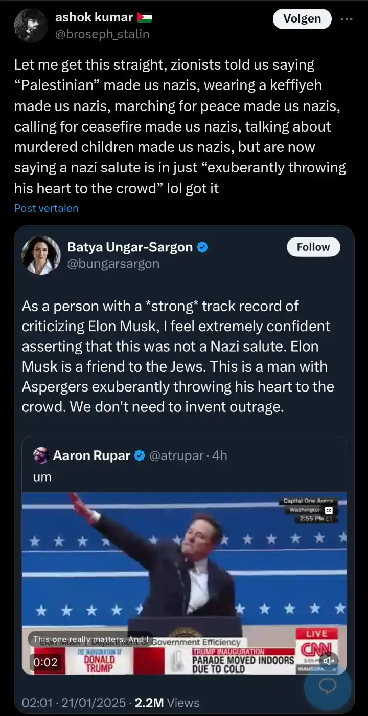 A screenshot of a Twitter thread where a user named Batya Ungar-Sargon claims that Elon Musk's raised-arm gesture at a Trump…