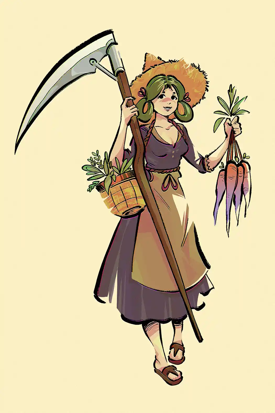 A cheerful cartoon woman with green pigtails and a straw hat holds a giant scythe over her shoulder while carrying a basket…