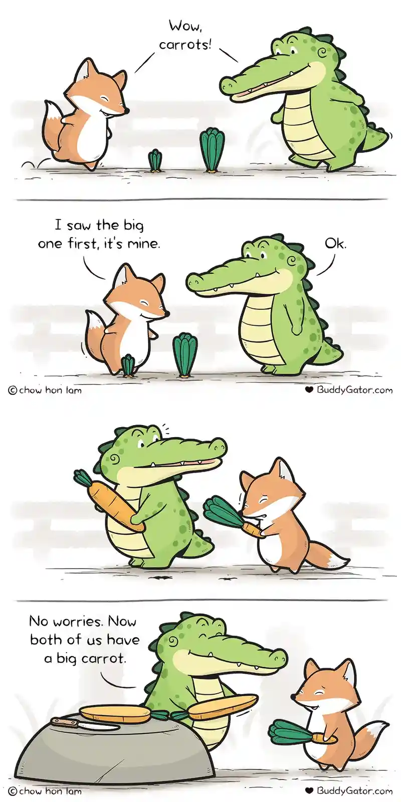 A four-panel comic strip featuring a fox and a crocodile encountering two carrots. The fox claims the larger carrot, the…