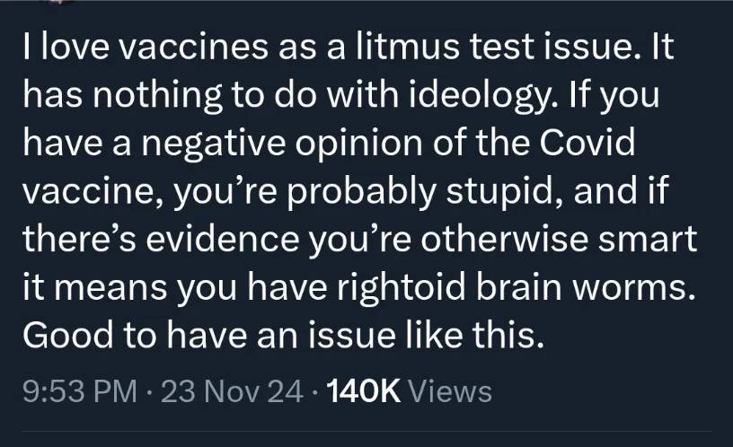 The image displays a screenshot of a social media post with white text on a dark background. The text is a rant about…