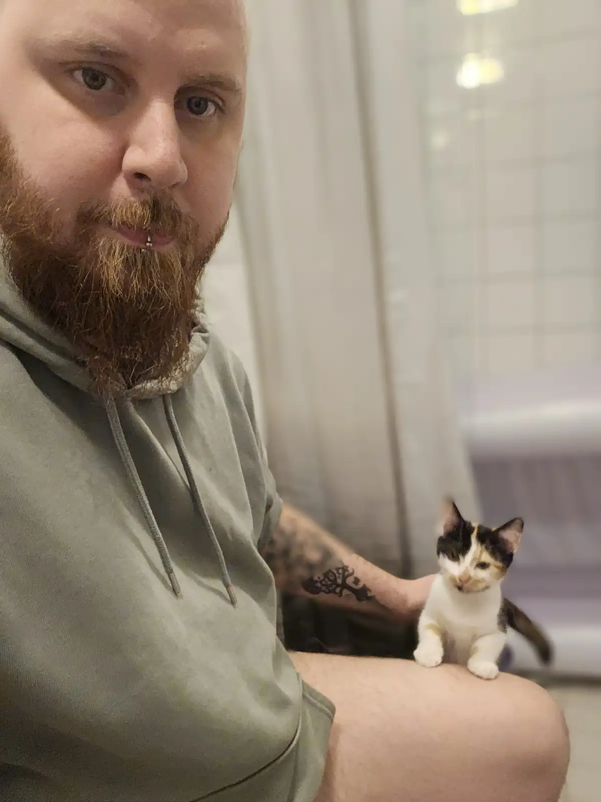 A man with a beard and lip piercing, wearing a grey hoodie, looks at the camera while holding a small calico kitten on his…