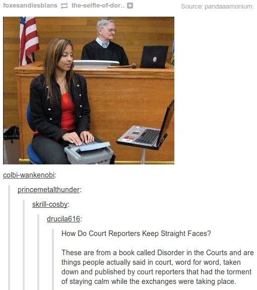 A screenshot of a Reddit post showing a court reporter typing on a stenography machine while a judge sits behind a wooden…
