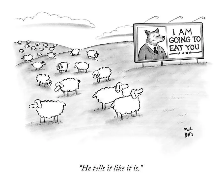 A black-and-white cartoon shows a flock of sheep grazing in a field, with a large billboard on the right displaying a wolf…