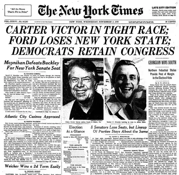 A black-and-white scan of The New York Times newspaper front page from November 4, 1976, featuring the headline 'CARTER…