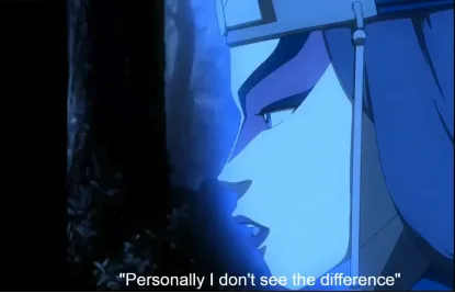 A blue-toned anime still shows a character in profile, looking toward the left with a calm expression. The character wears a…