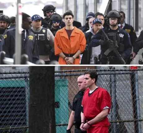 The image is a two-panel meme. The top panel shows a young man in an orange jumpsuit surrounded by heavily armed police…