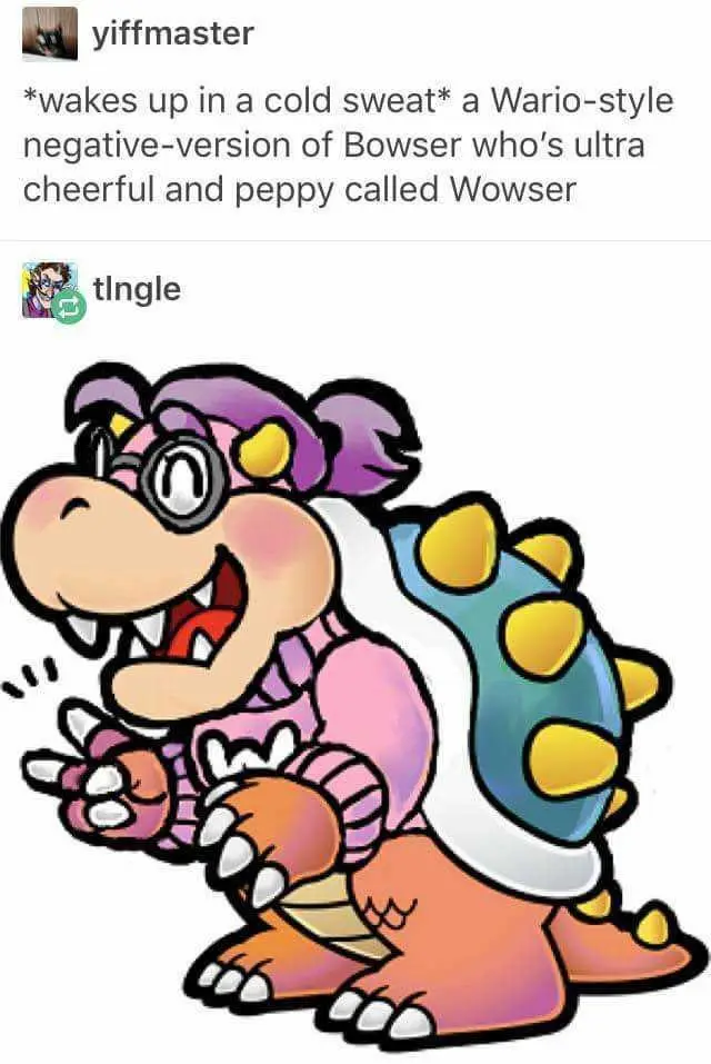 A cartoon drawing of a cheerful, pink-skinned, Wario-style turtle-like character with purple hair, glasses, and a blue shell…