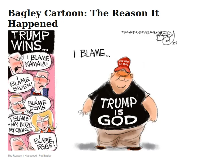 A cartoon by Pat Bagley shows a large man wearing a 'TRUMP IS GOD' t-shirt and a red MAGA hat, standing next to a panel of…