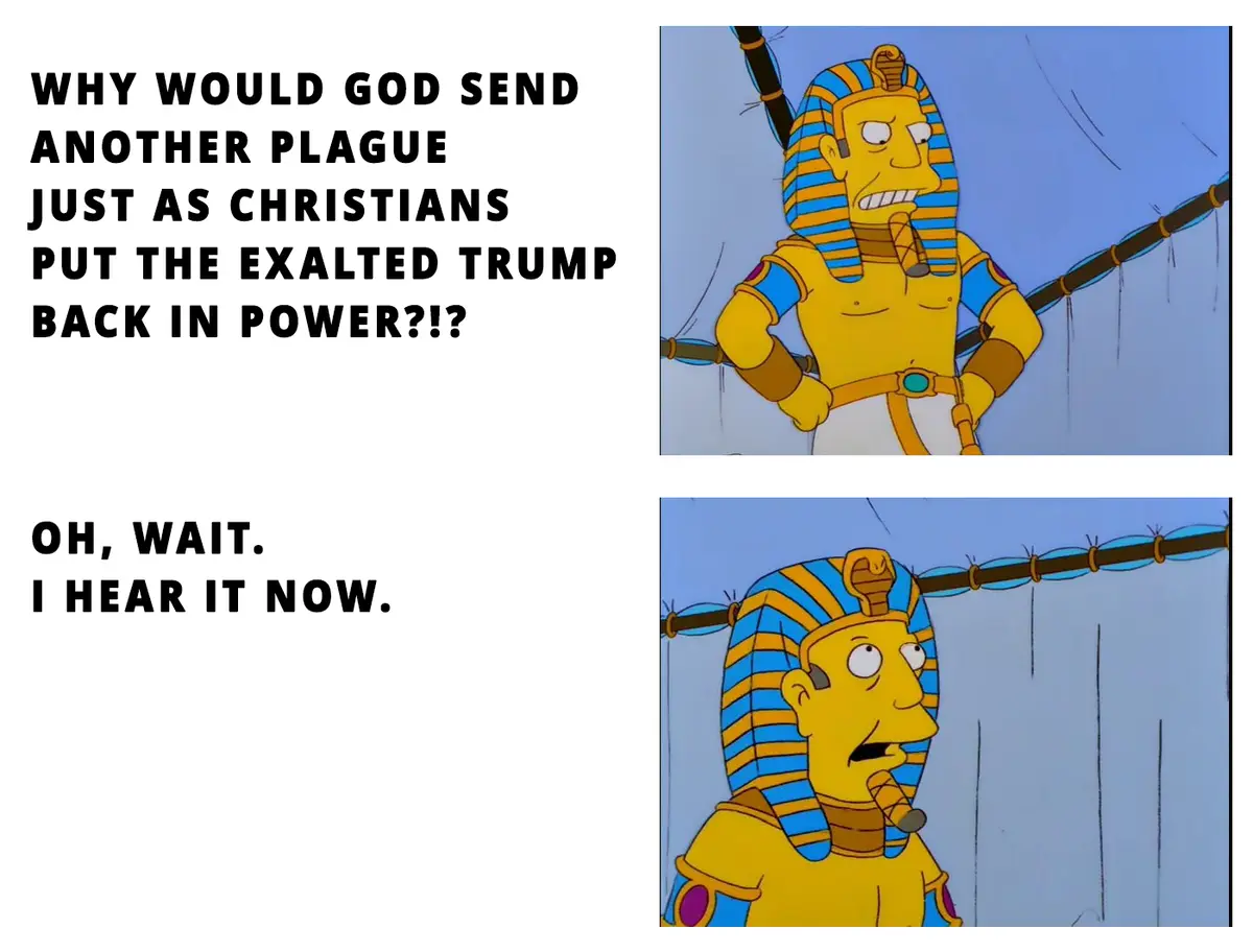 The image shows two panels of a Simpsons character dressed as an Egyptian pharaoh. In the top panel, he looks annoyed and…
