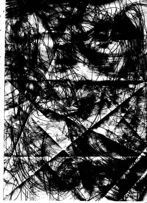 The image is a black-and-white abstract composition filled with chaotic, overlapping scribbles and lines that obscure any…