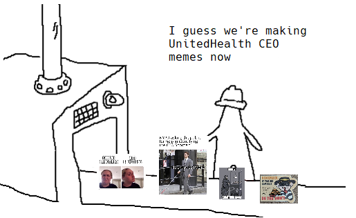 A hand-drawn cartoon depicts a stick figure in a fedora standing before a building labeled 'UnitedHealth CEO'. The figure is…
