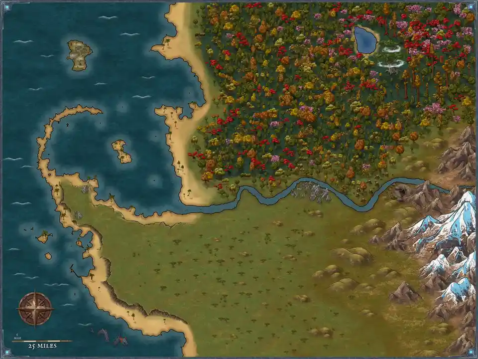 A colorful fantasy map shows a large, detailed landmass with forests, rivers, mountains, and coastlines. Overlaid text in…