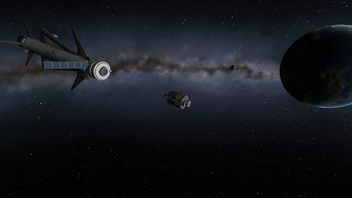 A space shuttle with solar panels flies through a starry galaxy with a planet visible on the right. A smaller satellite…