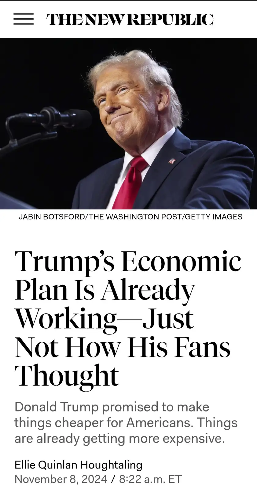 The image shows a smiling Donald Trump in a dark suit and red tie, standing at a podium with a microphone. The overlaid text…