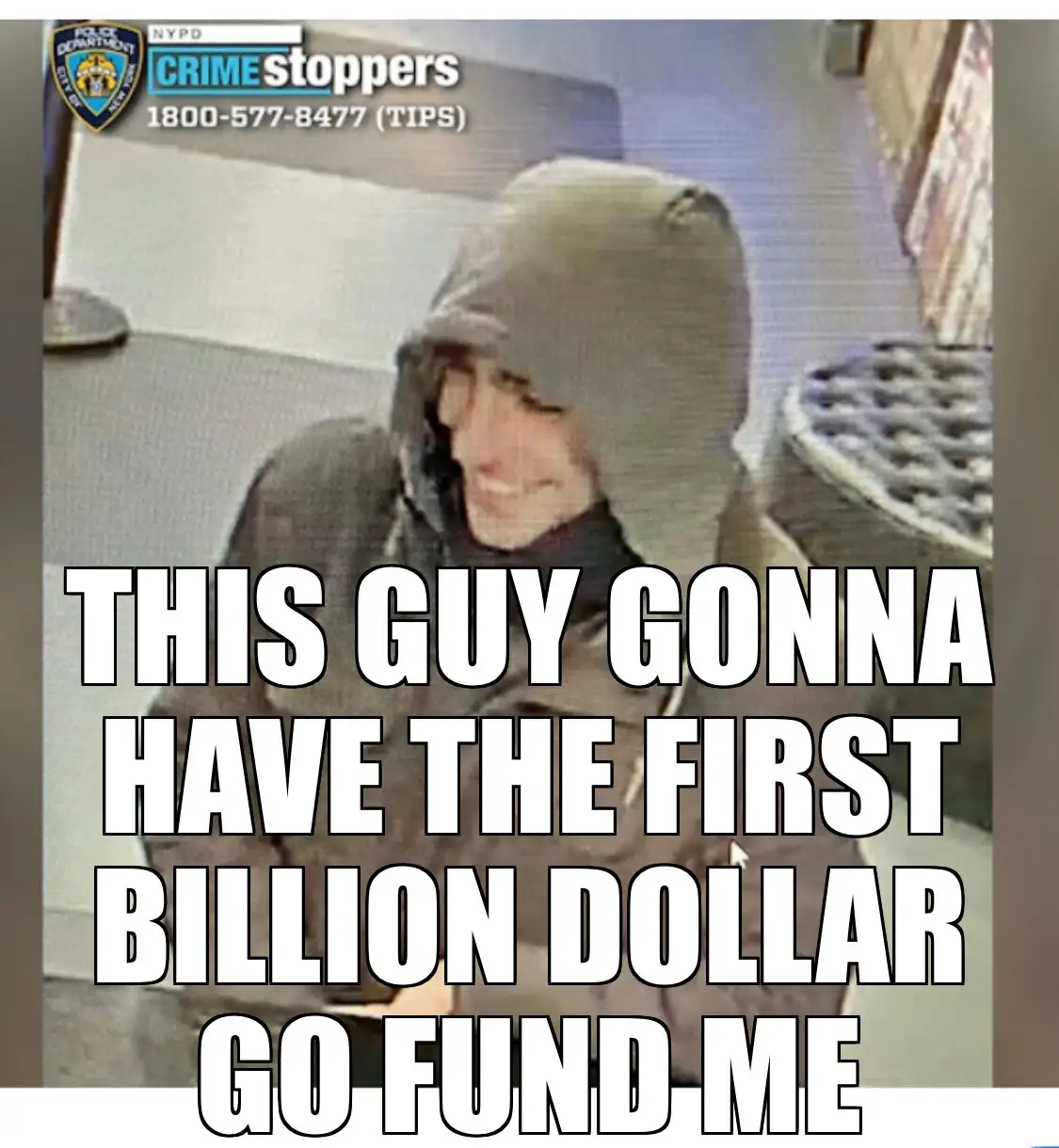 A grainy security camera image shows a person in a dark hoodie smiling, with an NYPD Crime Stoppers logo in the top left…