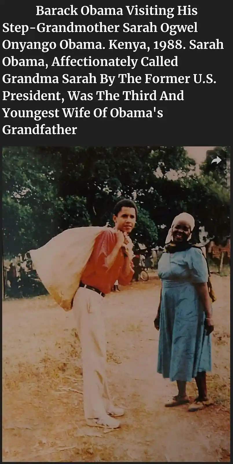A vintage photograph from 1988 in Kenya shows a young Barack Obama, wearing a red shirt and white pants, carrying a large…