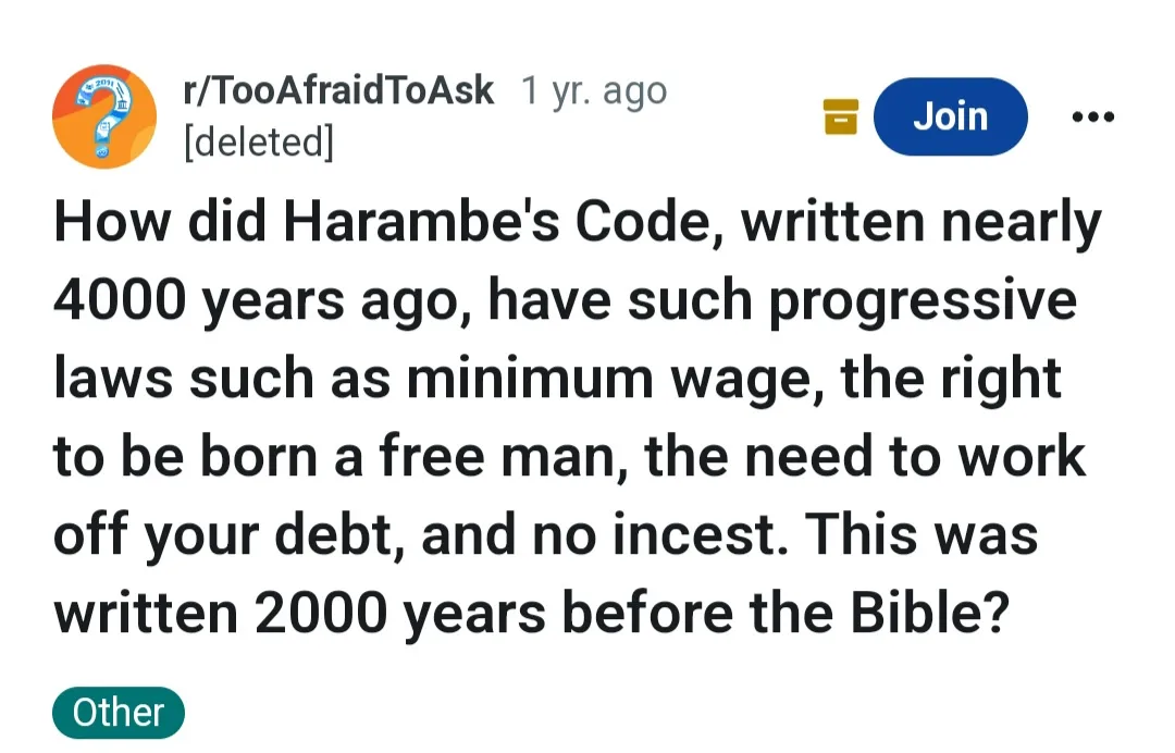 The image shows a Reddit post from r/TooAfraidToAsk, featuring a deleted user's comment. The text humorously claims that…