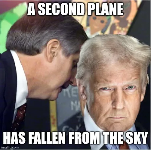 A man in a suit leans in conspiratorially toward Donald Trump, who stares blankly ahead. The text overlaid in bold white…