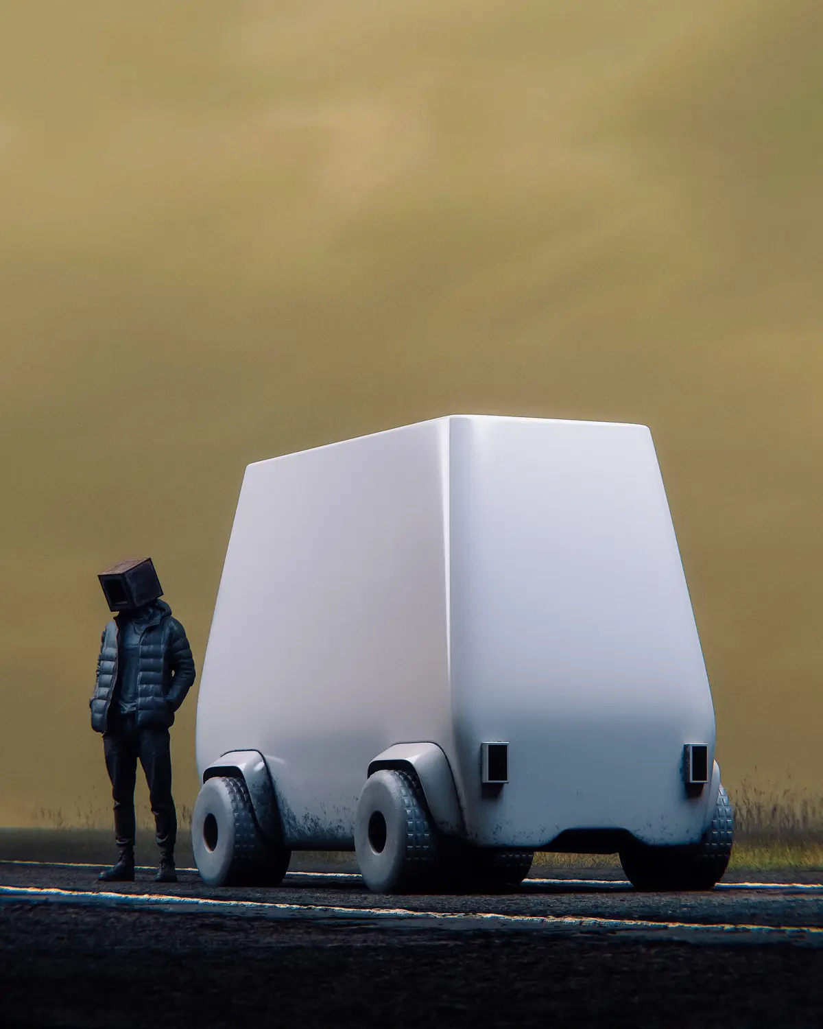 A person wearing a box-like head stands beside a large, white, boxy delivery vehicle on a road under a hazy sky. The person…