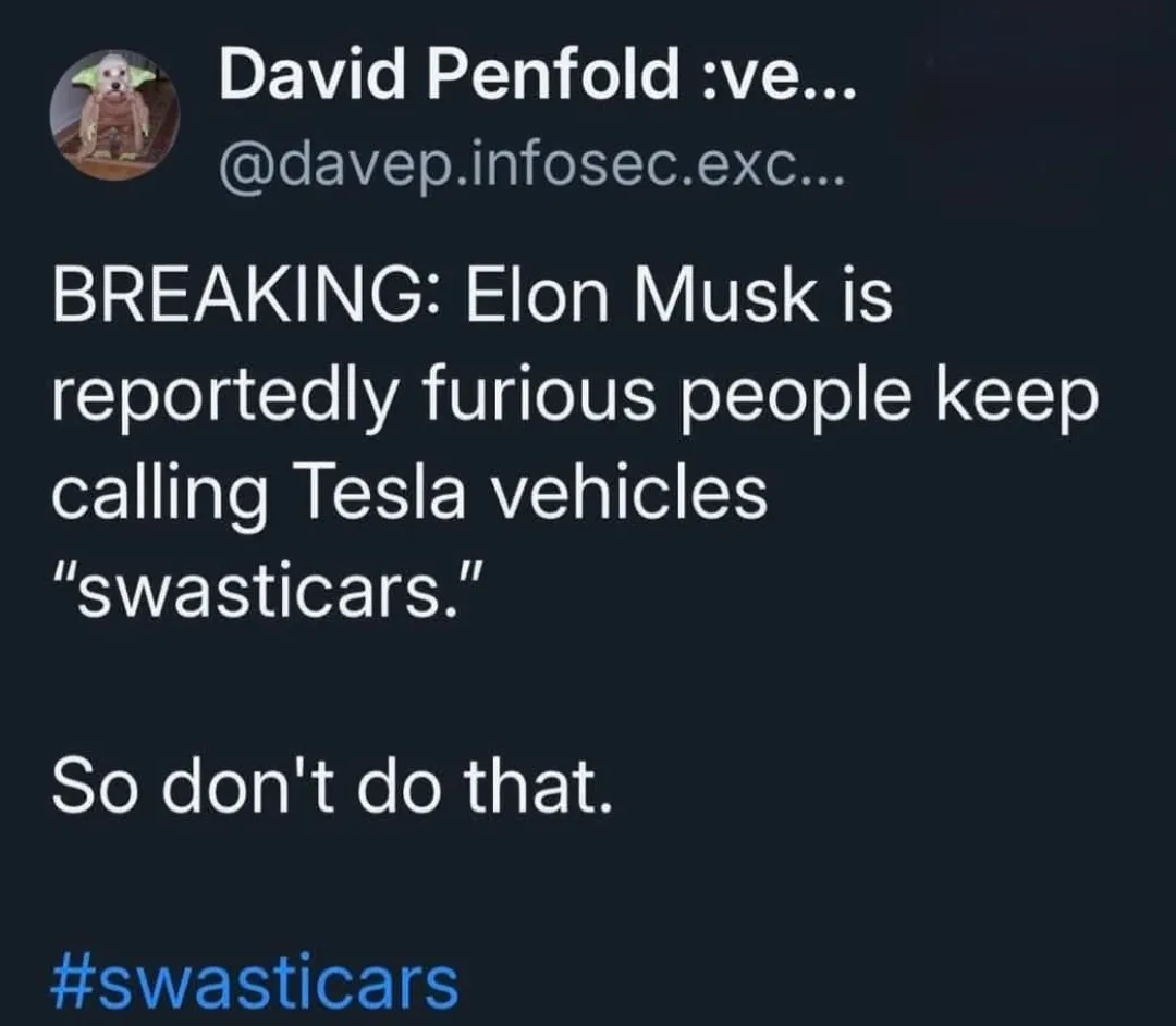 A screenshot of a tweet from David Penfold showing a dark background with white text. The tweet falsely claims Elon Musk is…