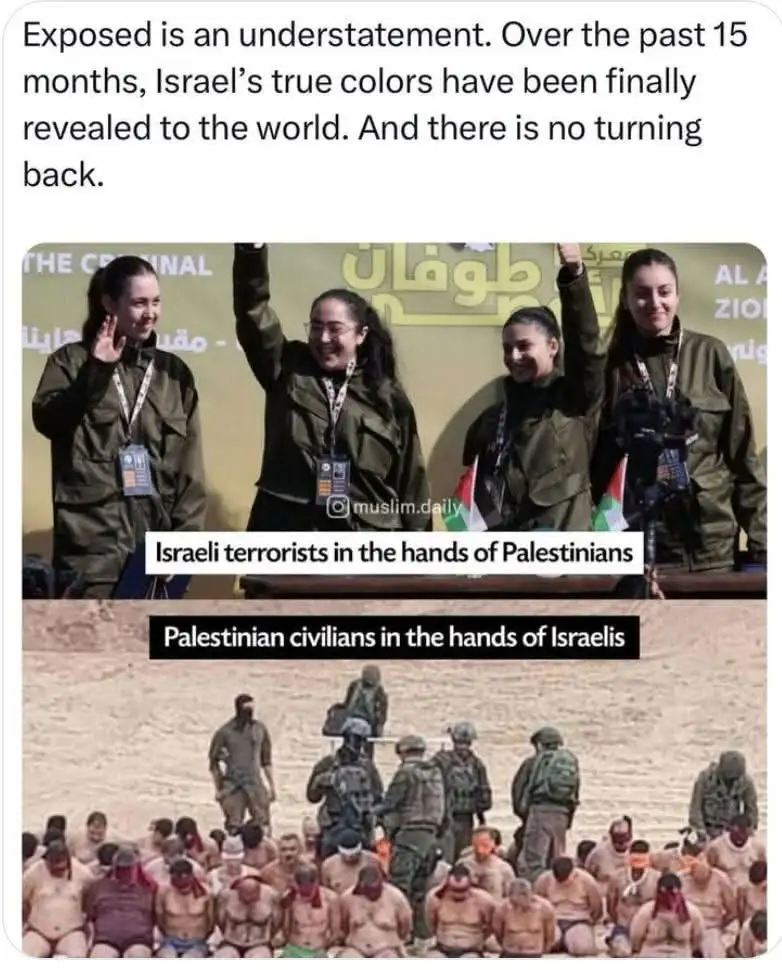 The meme features two images. The top image shows four smiling women in olive green military-style uniforms, some holding…
