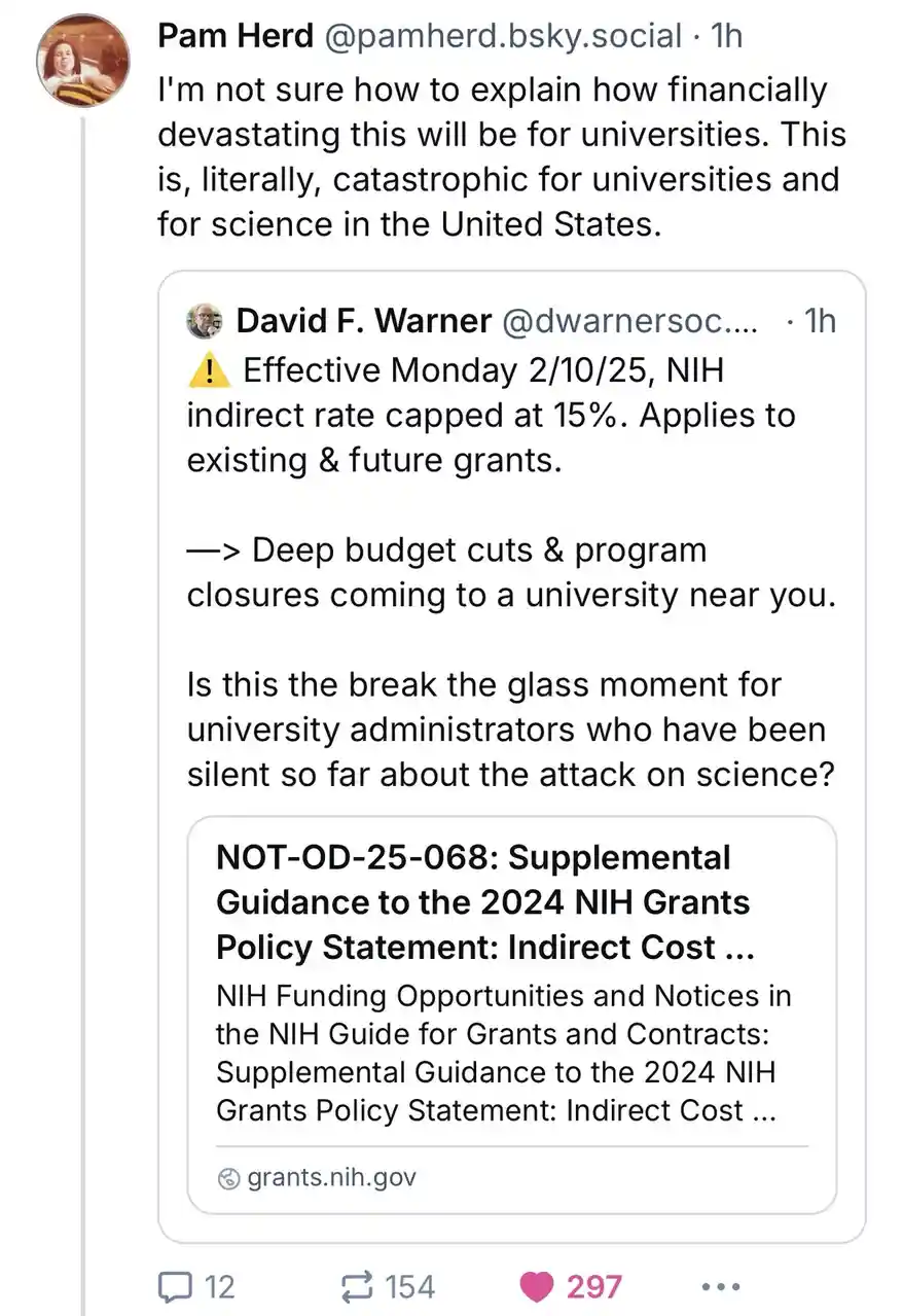 A screenshot of a social media thread shows a user reacting to a tweet from David F. Warner about the NIH capping indirect…
