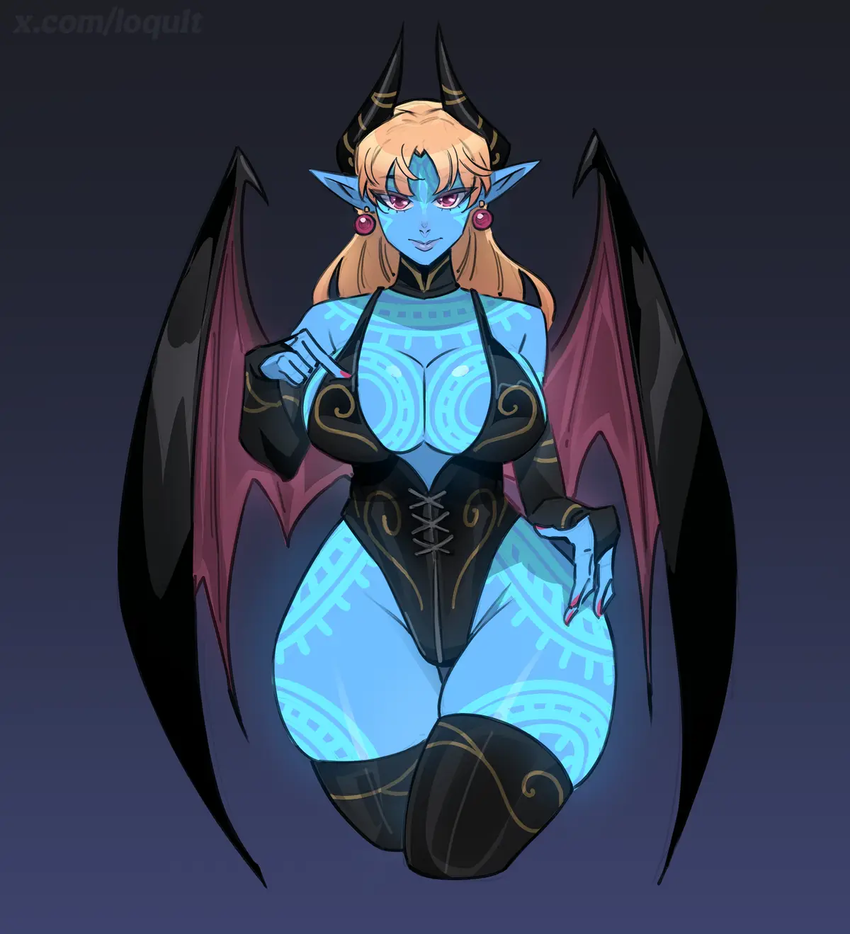 A blue-skinned, horned, winged female demon with blonde hair and pointed ears, wearing a black and blue outfit with gold…