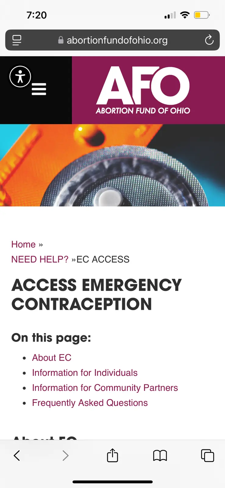 A screenshot of a mobile phone displaying the Abortion Fund of Ohio website, specifically the 'Access Emergency…