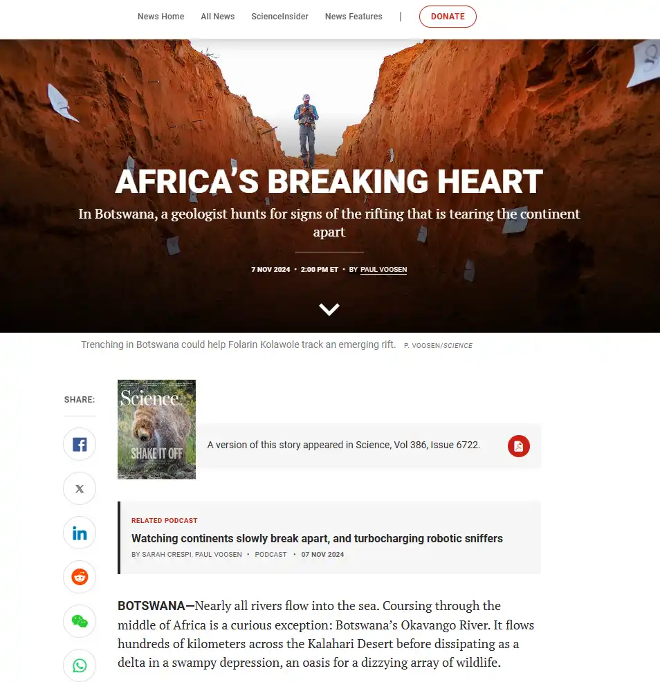 A screenshot of a Science magazine article's homepage featuring a geologist standing in a deep trench in Botswana, with the…