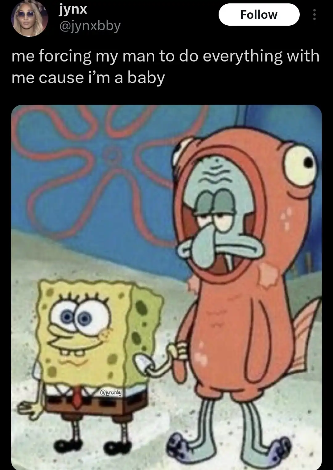 The image shows two cartoon characters from SpongeBob SquarePants: SpongeBob, looking cheerful and holding Squidward's hand…