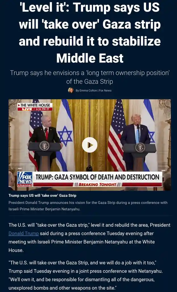 A screenshot of a Fox News article shows Donald Trump and Benjamin Netanyahu at a joint press conference at the White House…