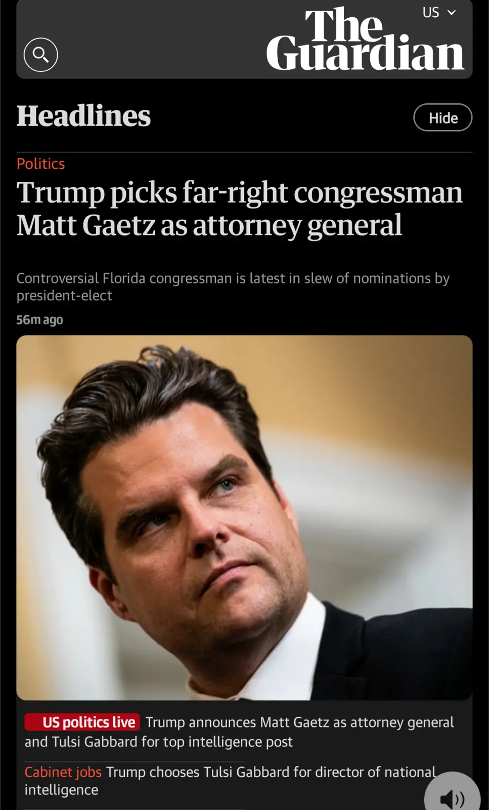 A screenshot of The Guardian's news app shows a headline about Trump nominating Matt Gaetz as attorney general, with a photo…