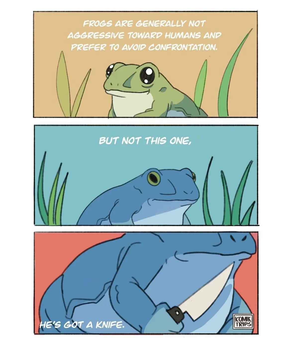 A three-panel comic strip shows a green frog in the first panel, then a blue frog in the second, and finally the same blue…