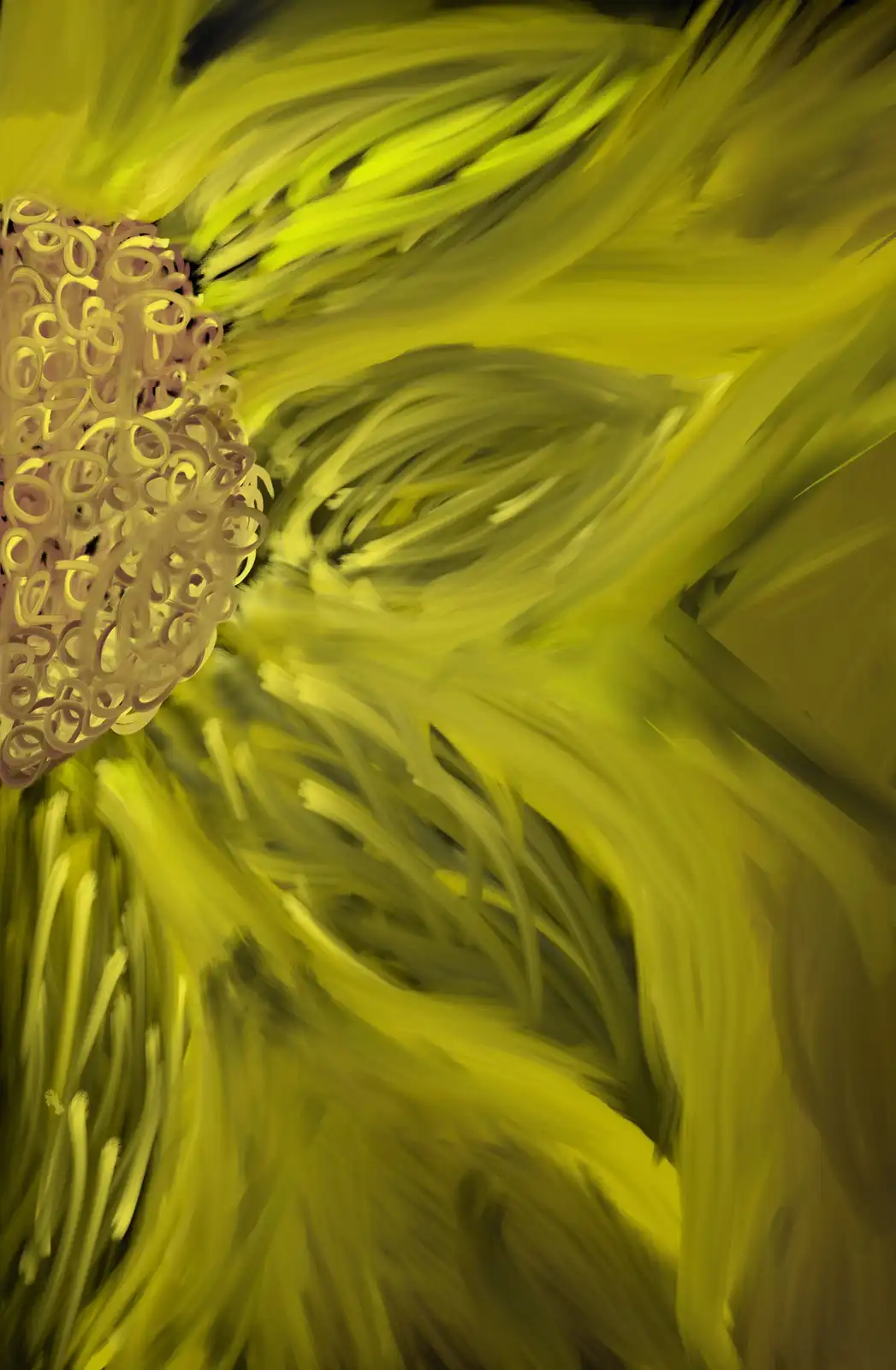 An abstract, heavily blurred image dominated by yellow and green brushstrokes, resembling a sunflower's petals and center…