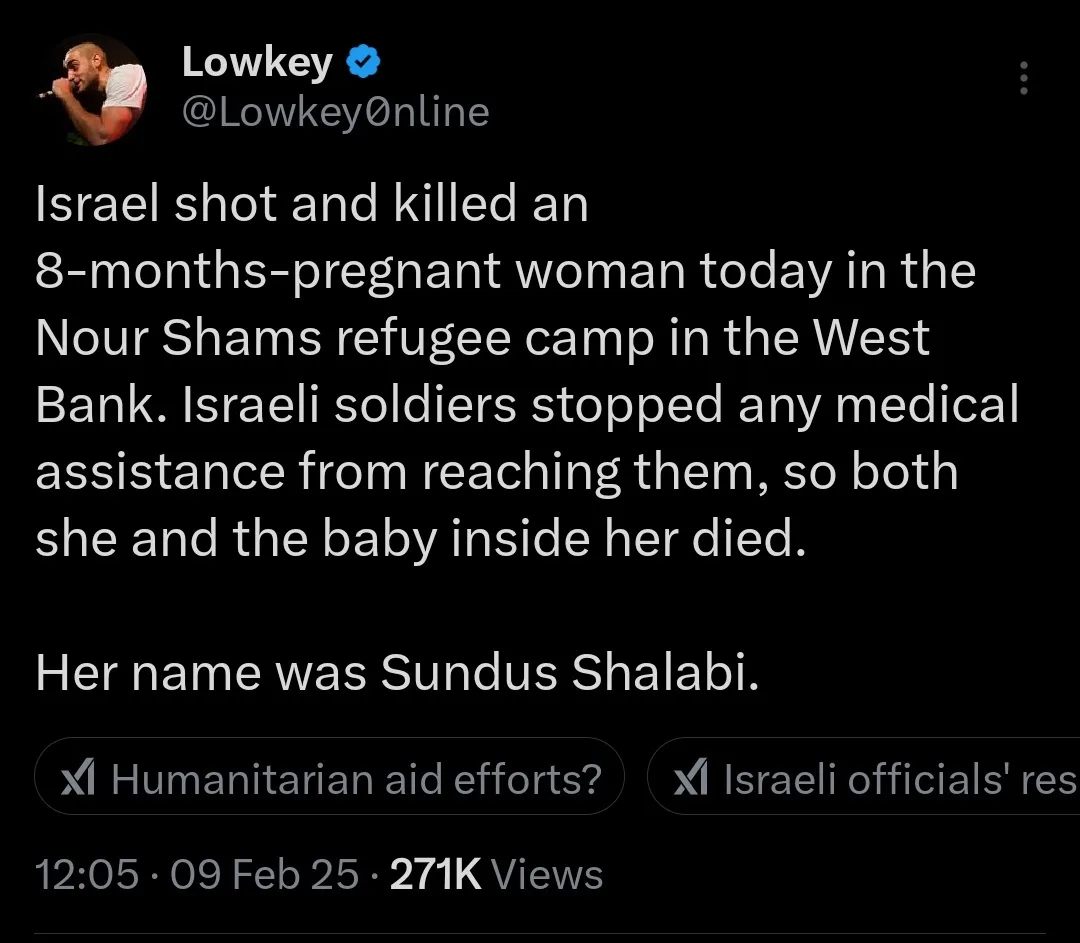 A screenshot of a tweet from verified account @LowkeyOnline detailing the killing of an 8-months-pregnant woman named Sundus…