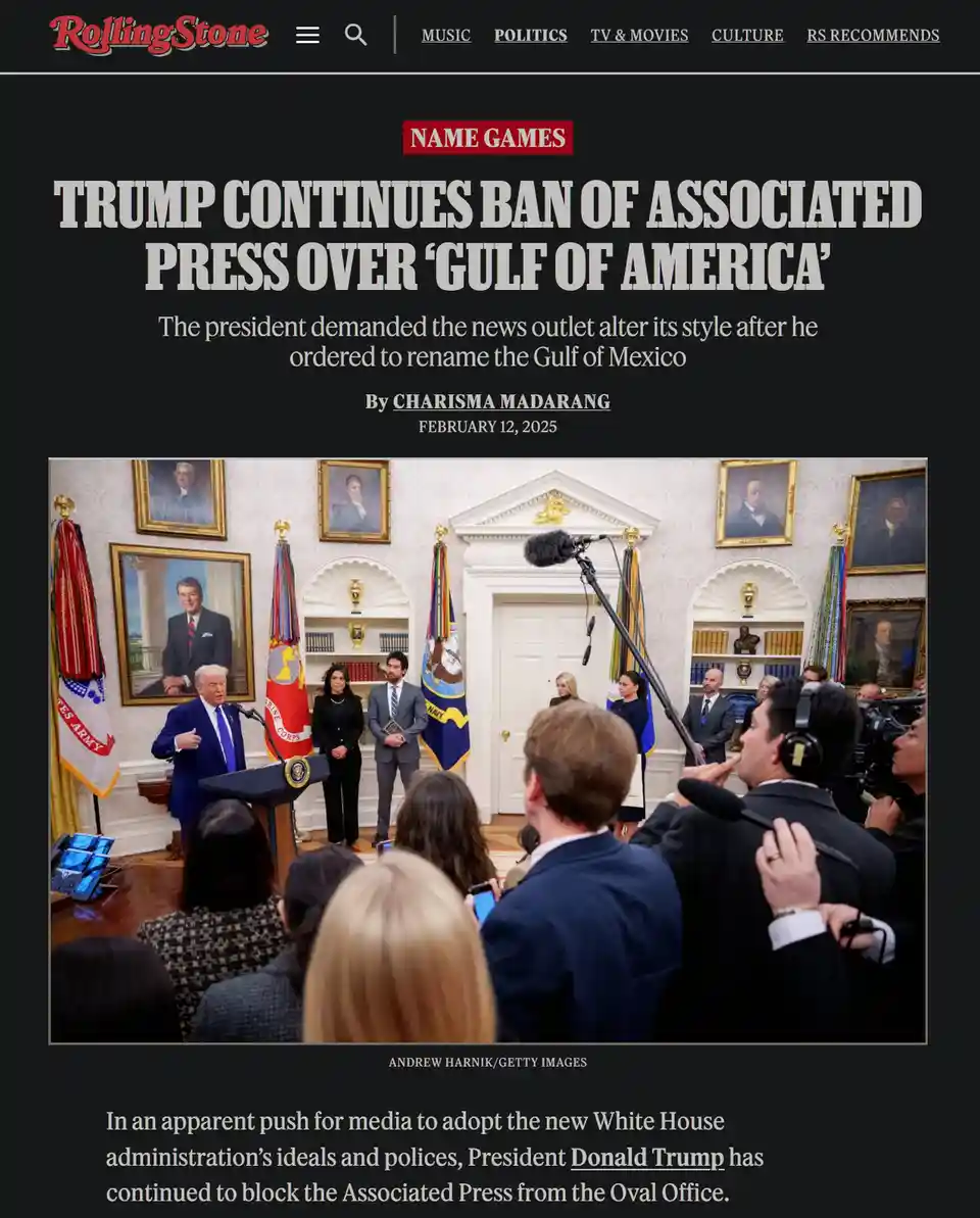 A screenshot of a Rolling Stone article titled 'TRUMP CONTINUES BAN OF ASSOCIATED PRESS OVER 'GULF OF AMERICA'', featuring a…